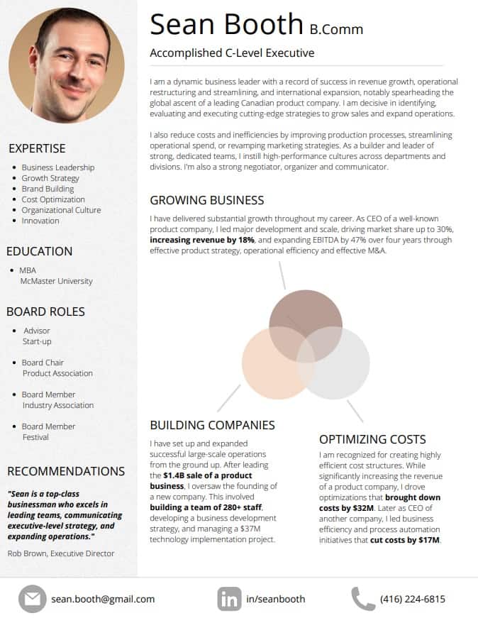 Sample of executive one pager document for networking